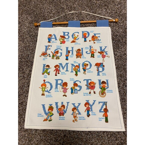 Alphabet Cross Stitch Needlepoint Hanging Decor Baby Nursery Playroom Vintage - Picture 2 of 12